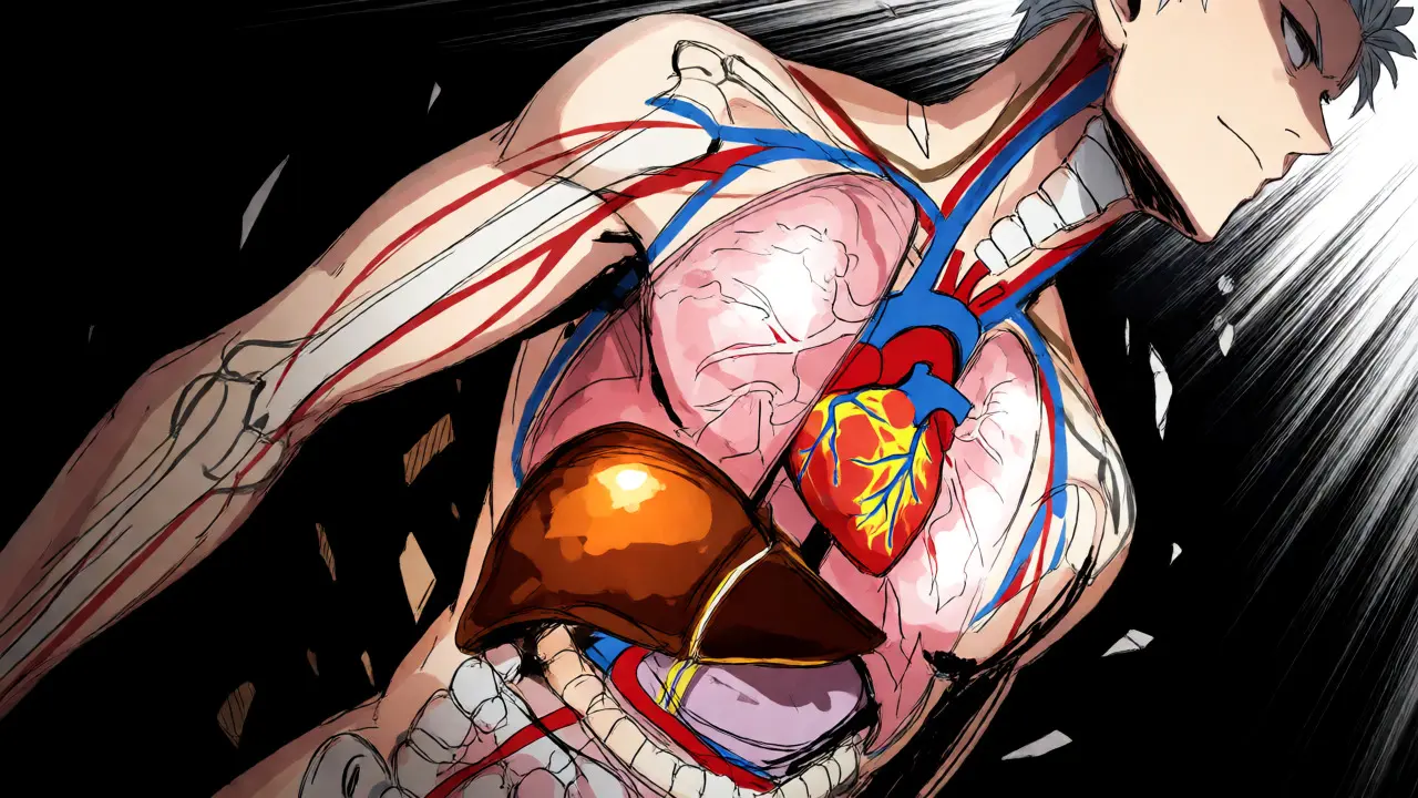 Stylized anatomical torso showing liver, lung, and heart damage in anime art