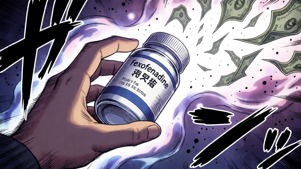Stylized hand grabbing allergy medication as money flies away, symbolizing significant cost savings.
