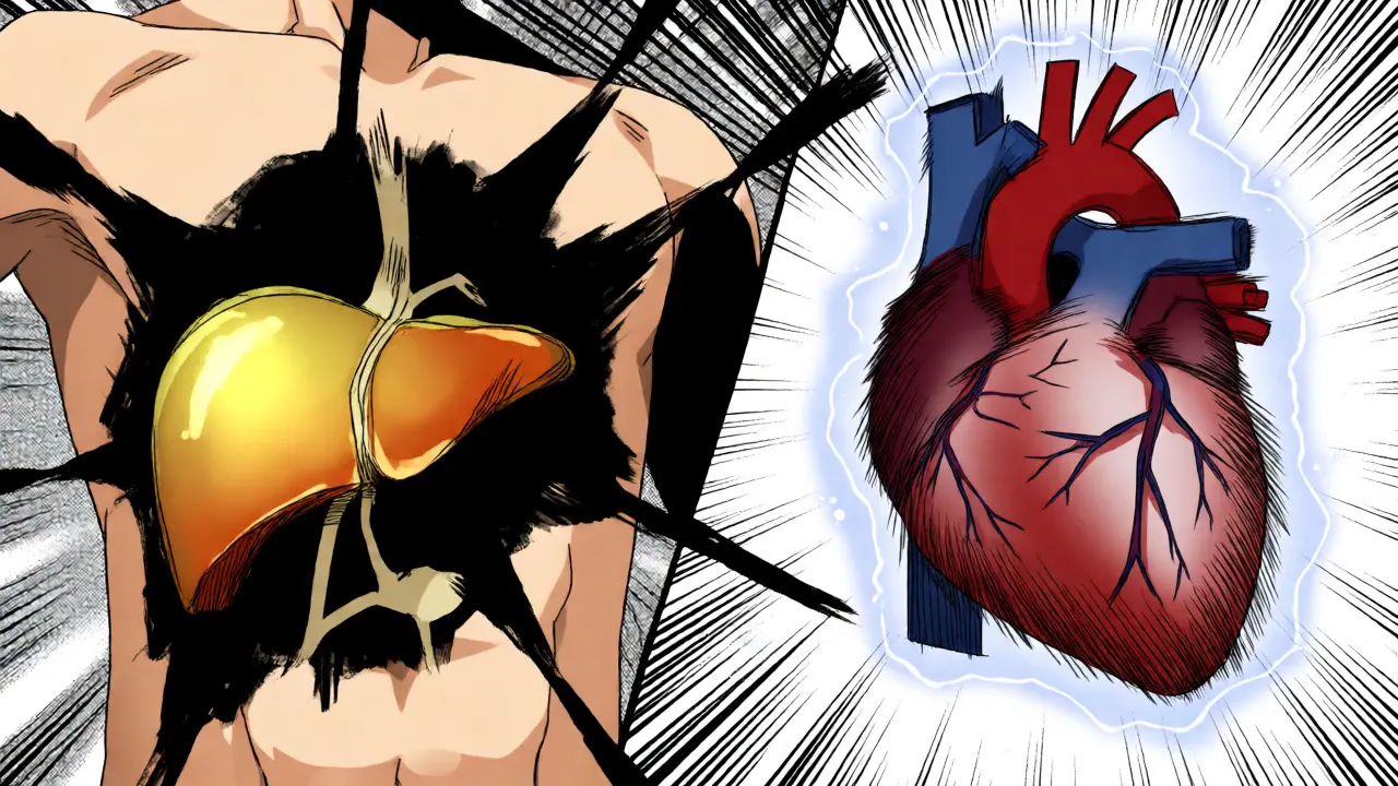 Stylized internal view of damaged liver and erratic heart illustrating organ failure risks.